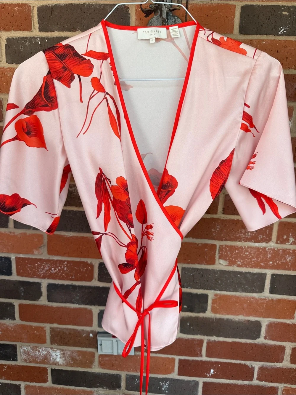 Ted Baker Pink Wrap Top with Red Floral Motif
